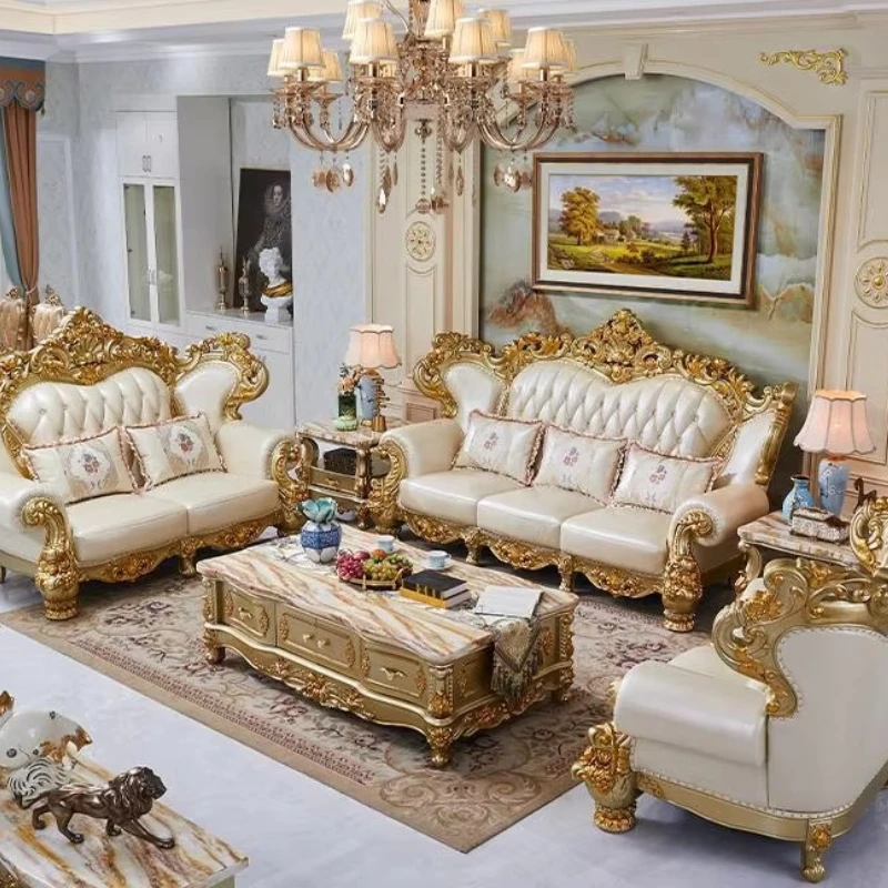 

Modern sofa living roomsolid wood carving set retro leather living room villa combination