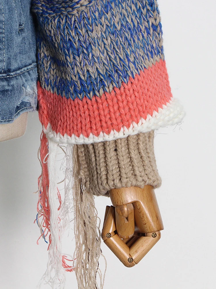 CHICEVER Colorblock Patchwork Knitted Tassel Jacket For Women Lapel Long Sleeve Casual Streetwear Denim Coats Female Fashion New - Image 6