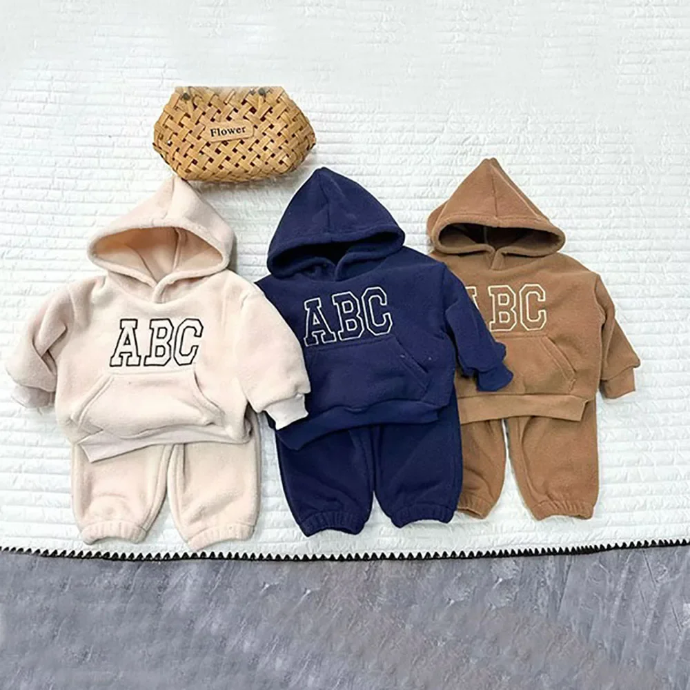 2Pcs Autumn Letter Print Toddler Infant Hooded Tops Coat and Trousers Solid Add Fleece Thicken Baby Outfit Sets