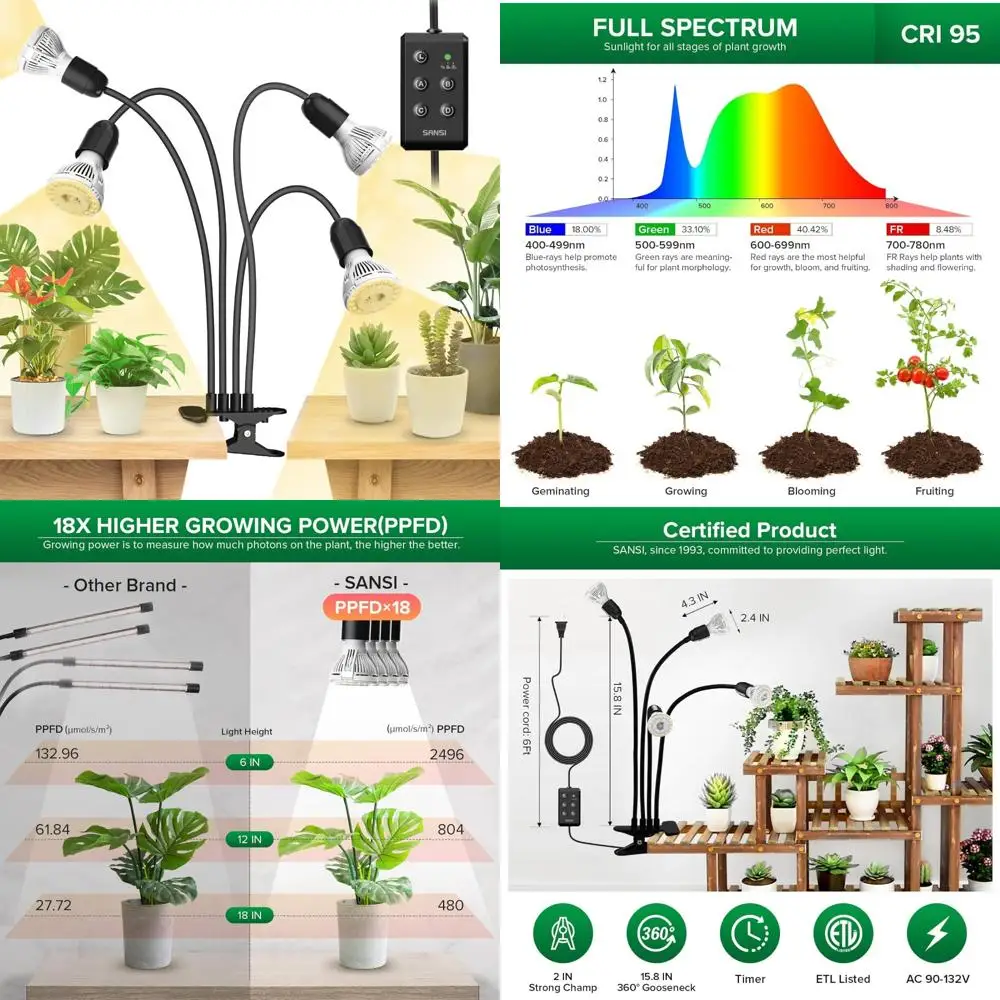 

Светодиодные лампы для выращивания комнатных растений — полный спектр 600 Вт, 4 гибкие шеи, пожизненная замена лампы, идеально подходит для роста растений