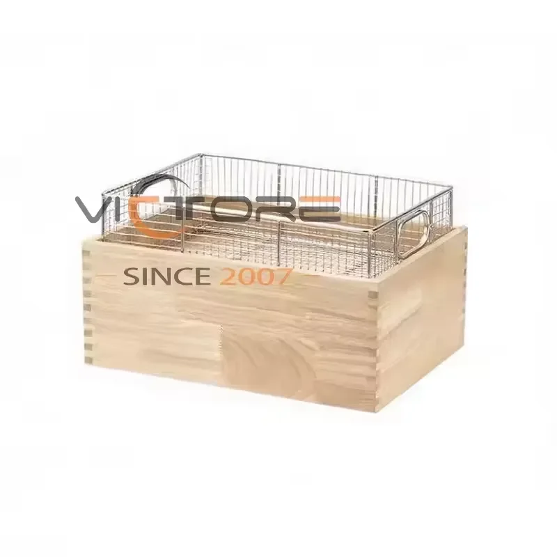 Wooden Rectangle Dessert Display Rack for Dining Buffet Cake Stand with Stainless Steel Fryer Basket Set Kitchen Serving Tray