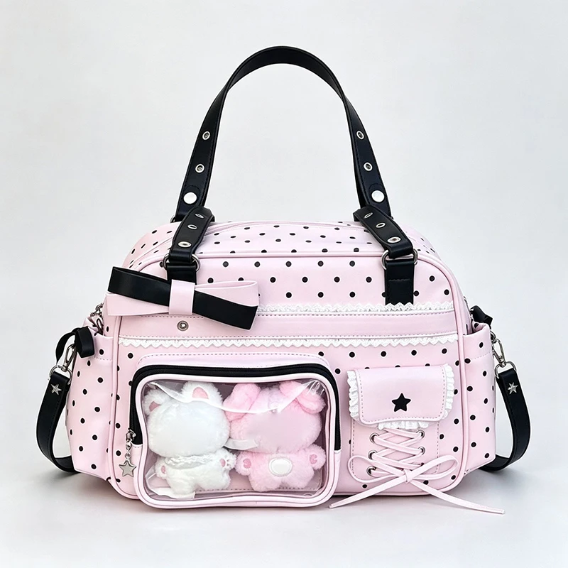 Image of Süße Schleifen-Schultertasche mit Polka Dots, große Kapazität, farblich abgesetzte Ita-Tasche, Konzert-Puppen-Display-Tragetasche, exquisite elegante Handtasche