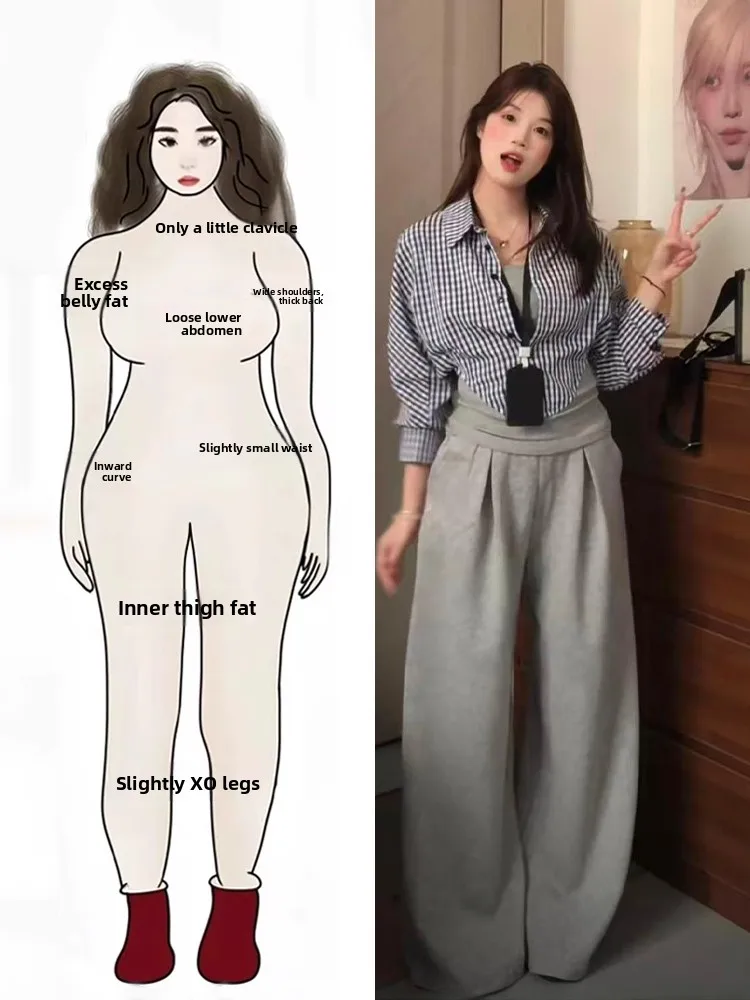 

Early Autumn Fashion Set Women's plus Size Korean Style Long Sleeve Shirt And Grey Casual Pants Comfortable Lightweight Polye...