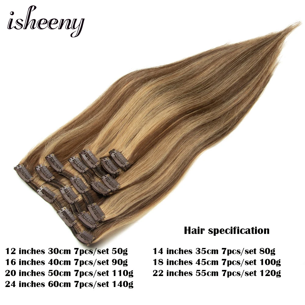 Highlight Clip in Hair Extensions 7pcs/Set 12-24 inches Natural Brown Human Hair Full Head 50-140G Clip Human Hairpieces P4-27#