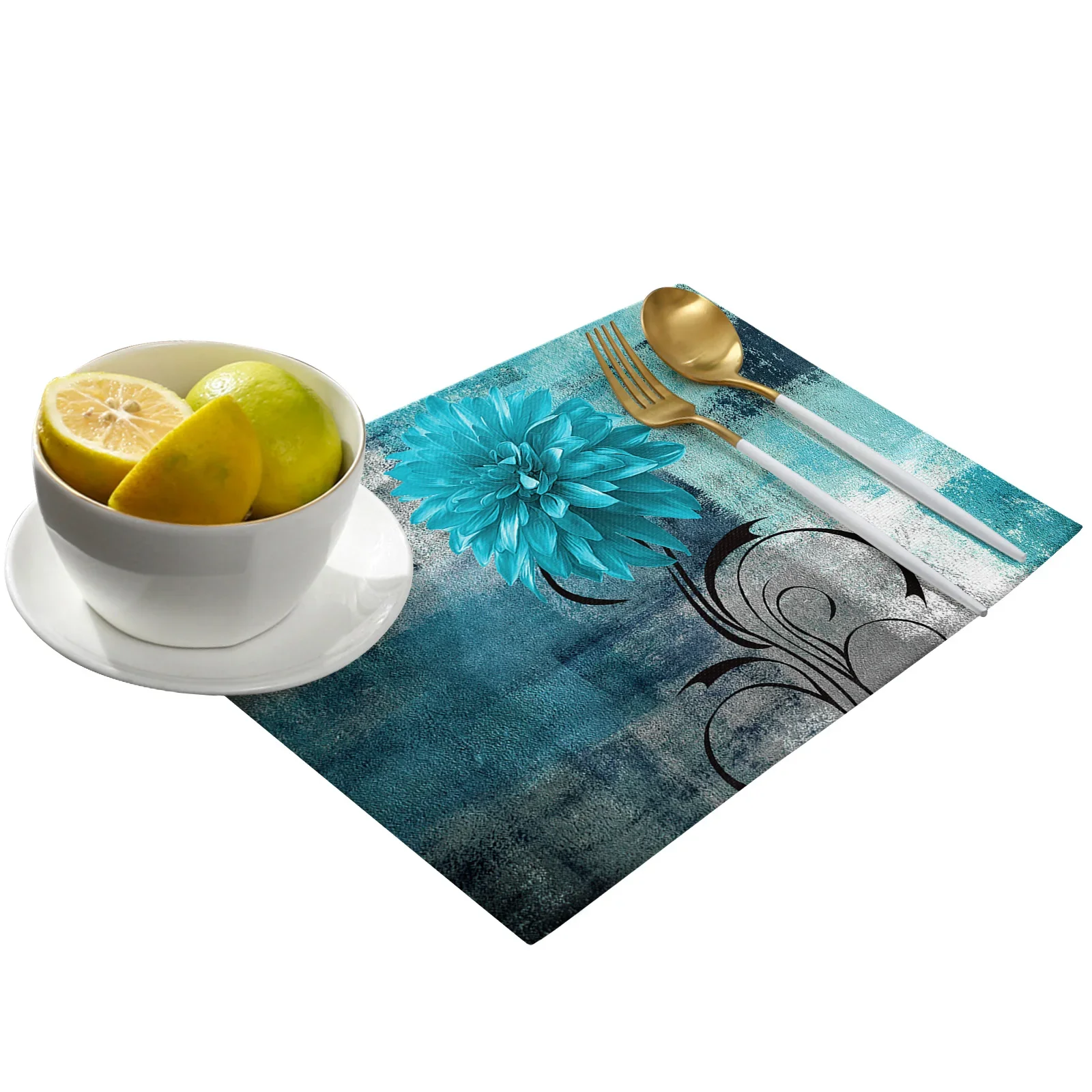 Dahlia Oil Painting Line Plant Aqua Dining Placemat Table Tableware Mats Kitchen Dish Mat Pad 4/6pcs Table Mat Home Decoration