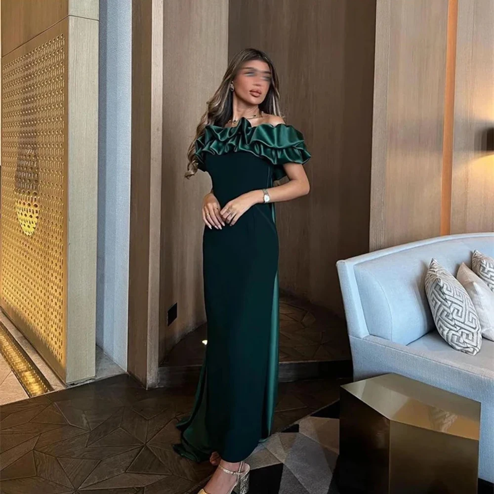 Customized Elegant Green Satin Prom Dress Pleat With Sweep Train Off The Shoulder Ankle Length Special Party Evening Dresses