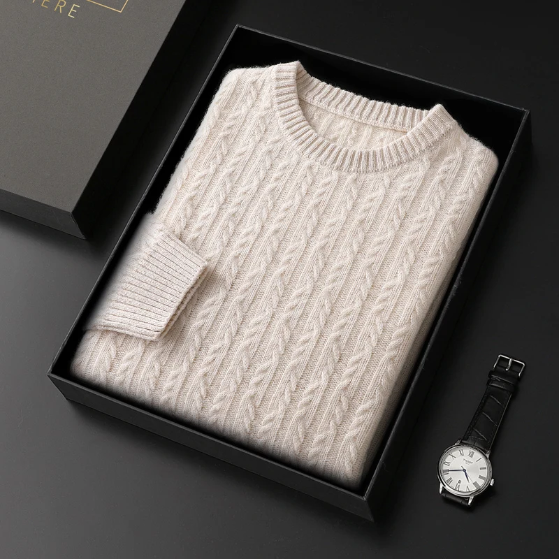 Thickened autumn and winter new round neck men's 100% pure wool business leisure pullover sweater knitted cashmere sweater.