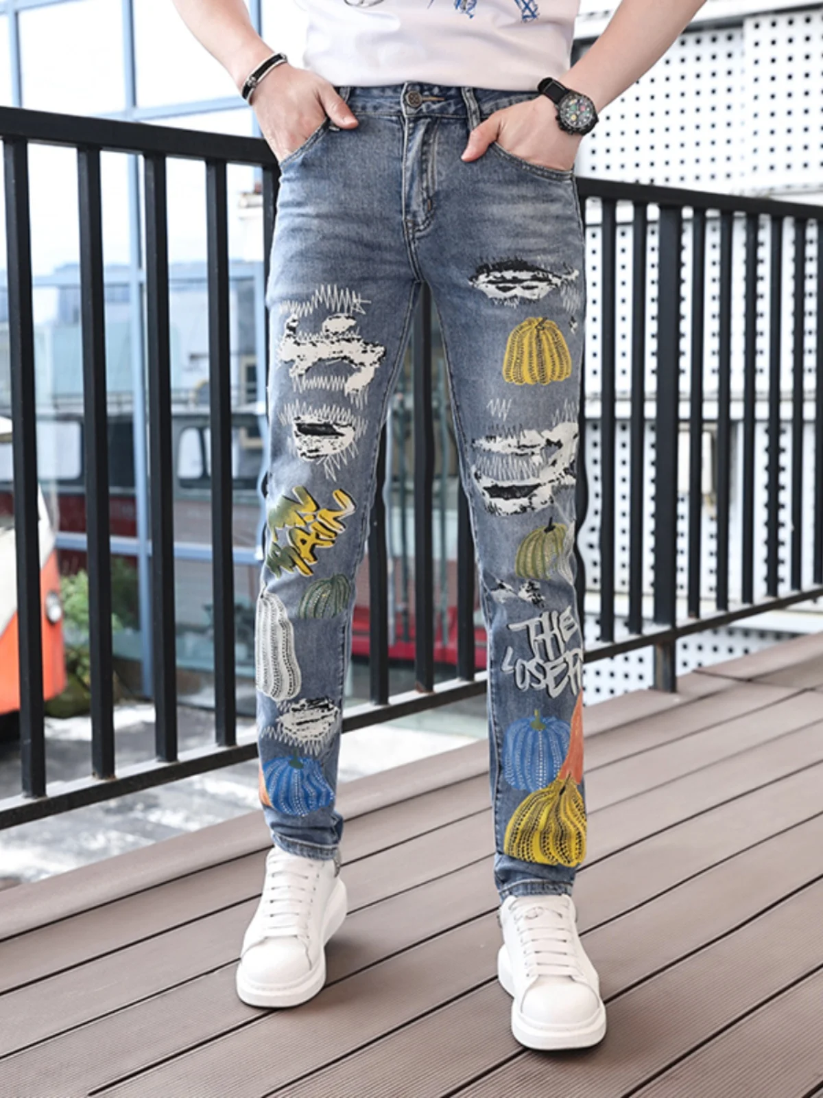 

Spring Summer Men's fiti Print Jeans Trendy Nightclub Slim Fit High Street Casual Long Trousers Cotton Stretch Denim