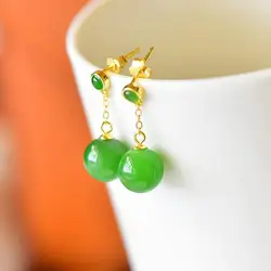 Original Design Silver Inlaid Spinach Green Hetian Jasper Round Beads Women's Earrings Simple Chinese Fresh Jewelry