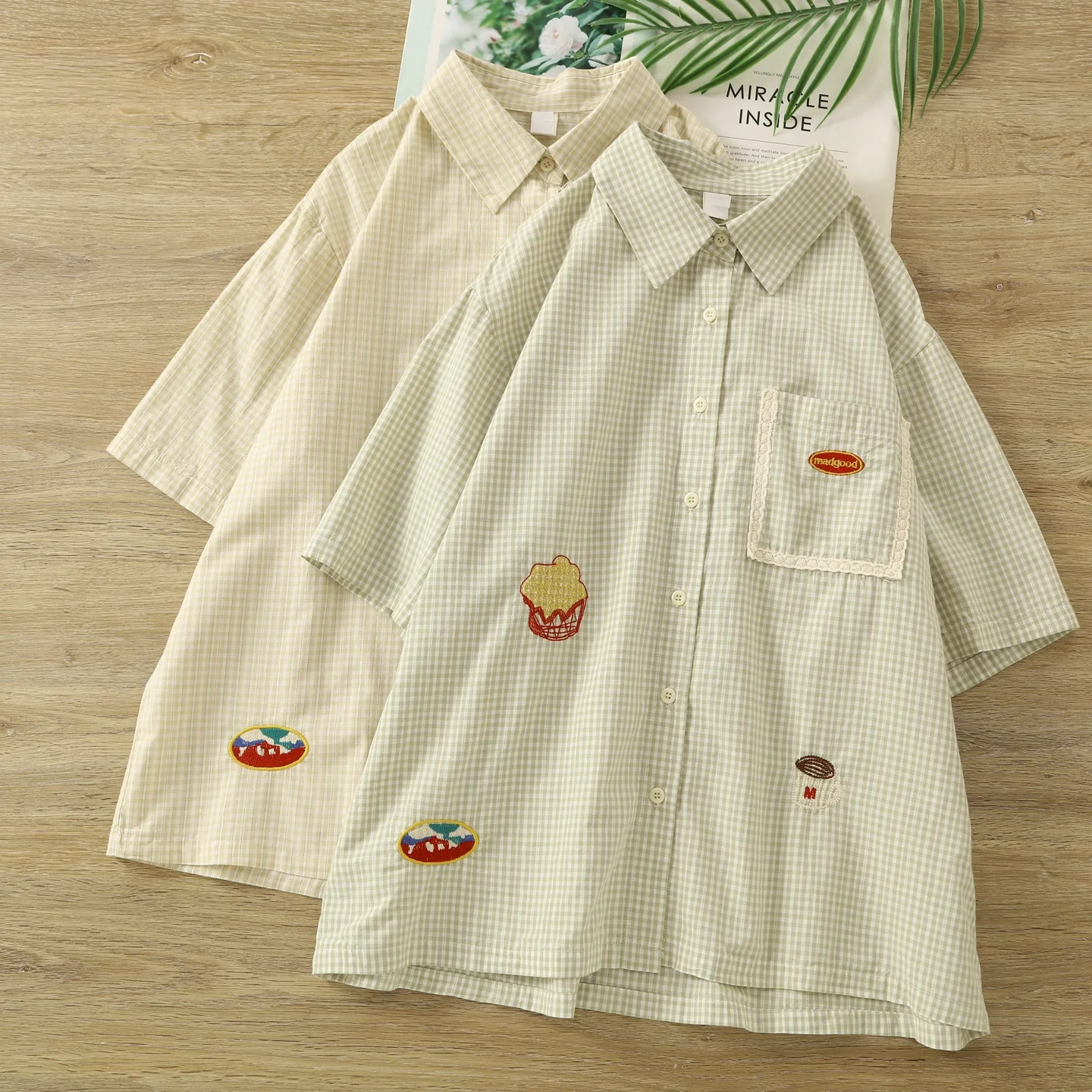 

2025 Harajuku fashion women's plaid shirts mori girl summer 100% cotton cartoon embroidery check shirts and blouses