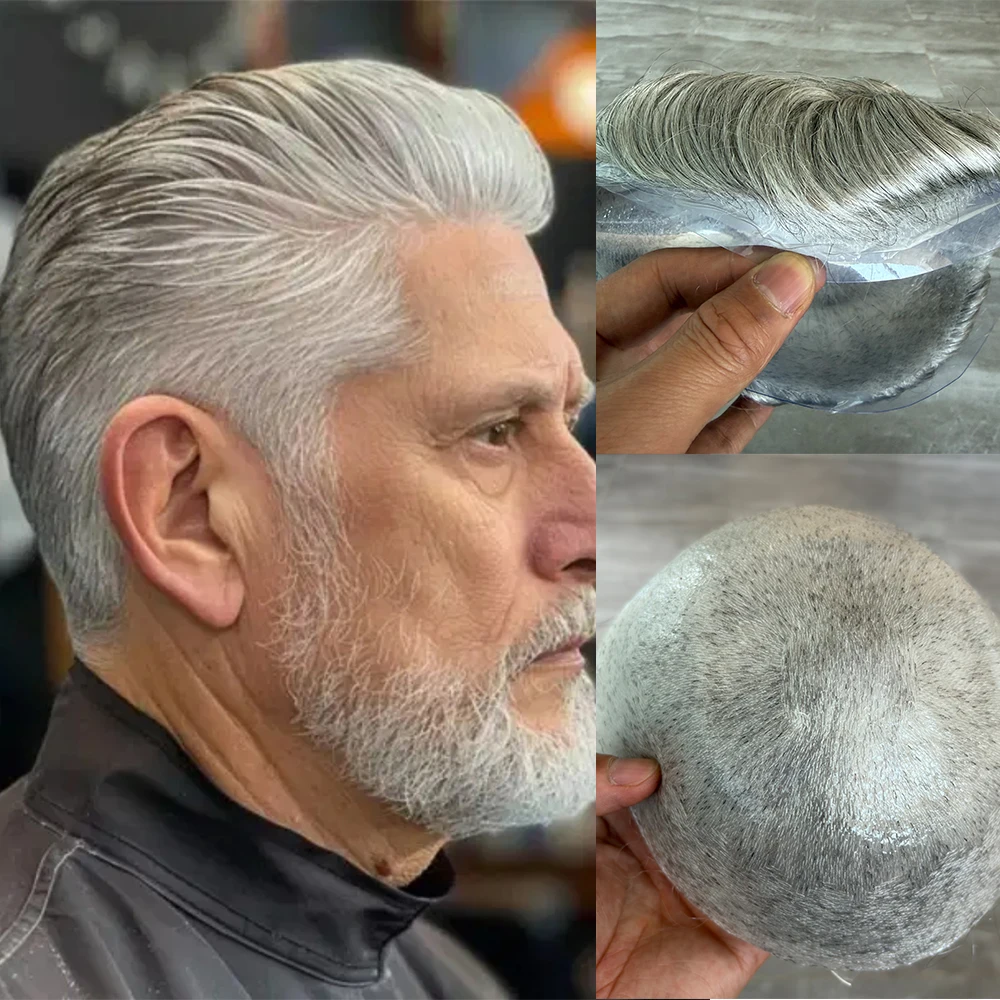 #1B80 Grey Blonde 0.02mm Ultra Thin Skin Base Men Human Hair Toupee Hair Replacement System Capillary Prosthesis for Bald Men
