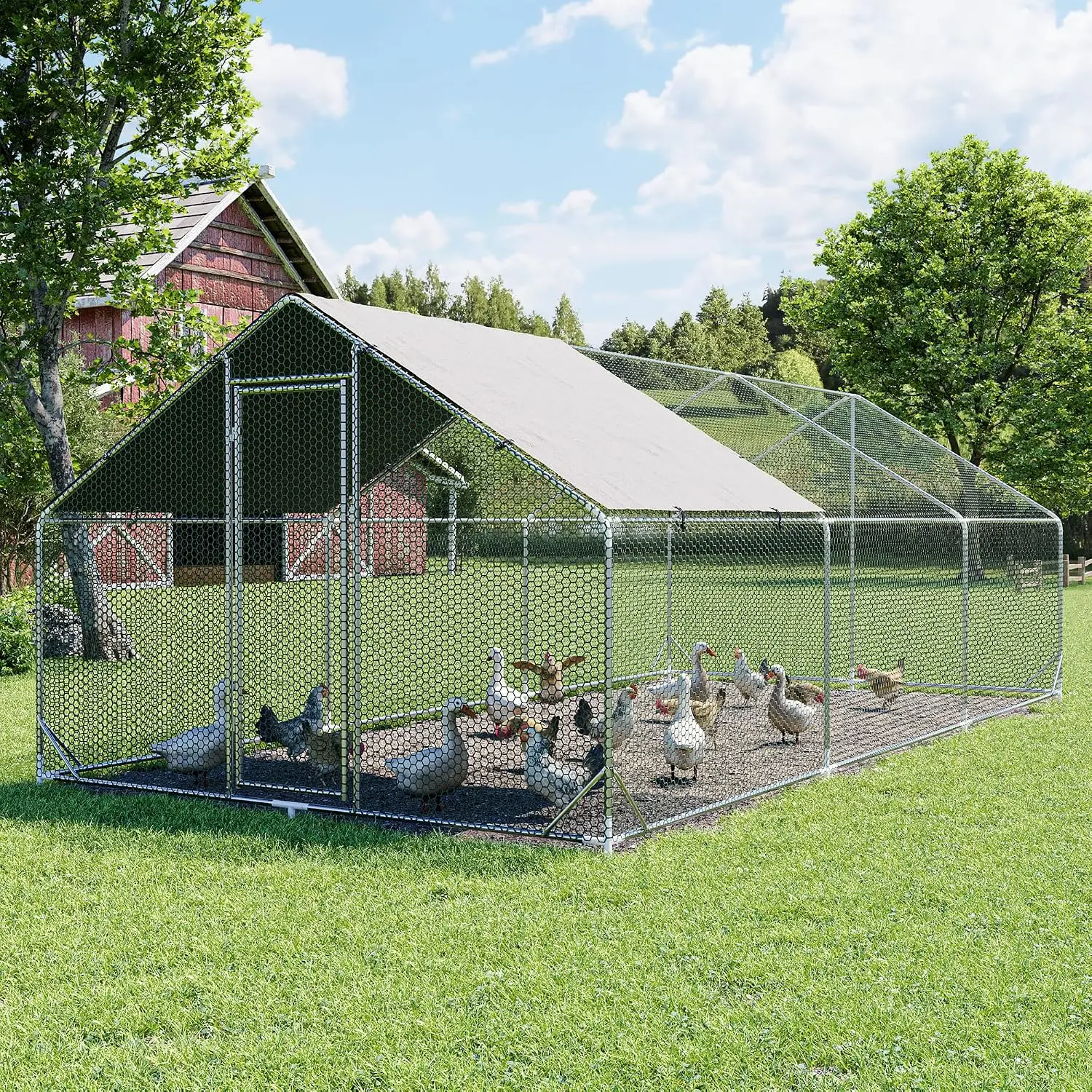 Metal Chicken Coop Walk-in Cage Spire Shaped with Waterproof & Anti-UV Cover for Outdoor Farm 19.68'×9.84', Customized