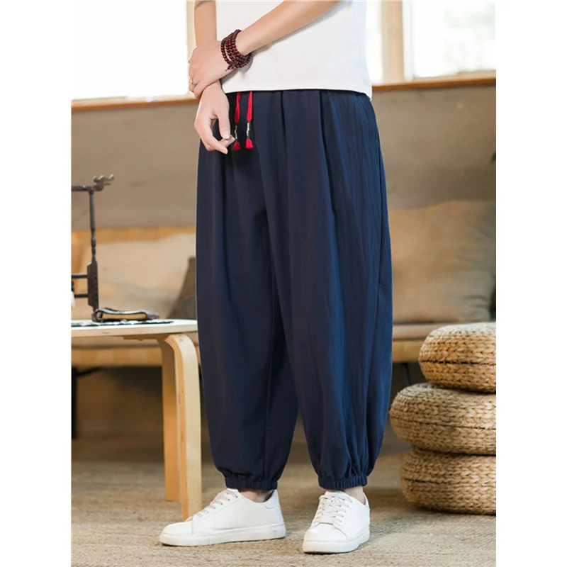 

Men's Summer Thin Wide Leg Linen Pants Loose Trousers Harem Pants Straight Sport Cotton Linen Nine Points Trousers Lantern Pants