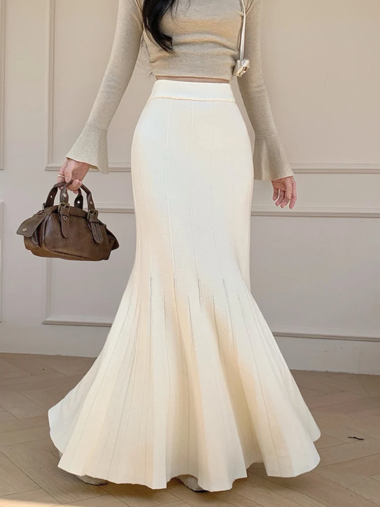 

Элегантные модные вязаные офисные облегающие юбки для женщин, повседневная тонкая юбка-русалка средней длины в корейском стиле, женская