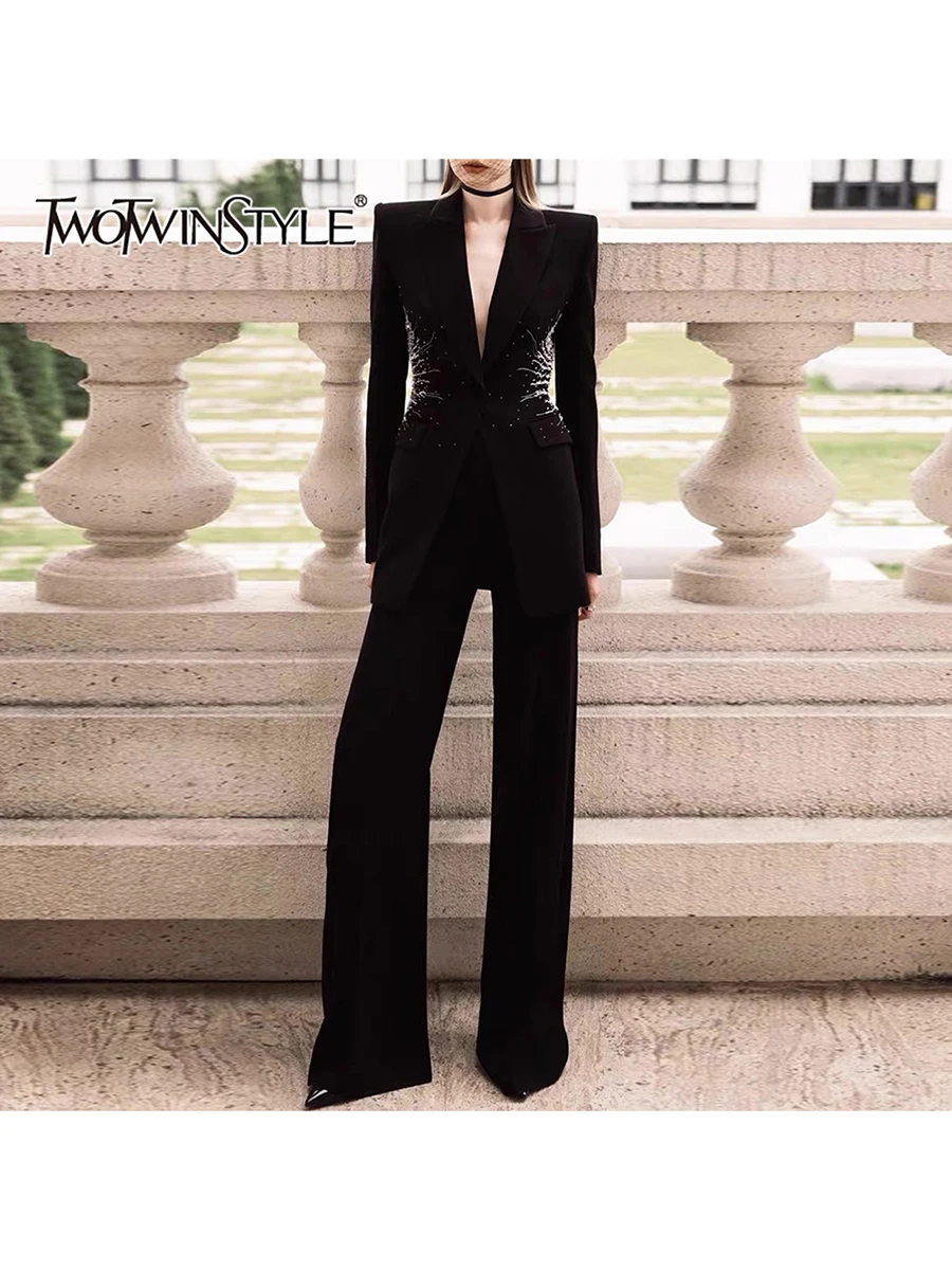 TWOTWINSTYLE Solid Two Piece Set For Women Lapel Long Sleeve Tunic Coat High Waist Slimming Pant Chic Sets Female Fashion New