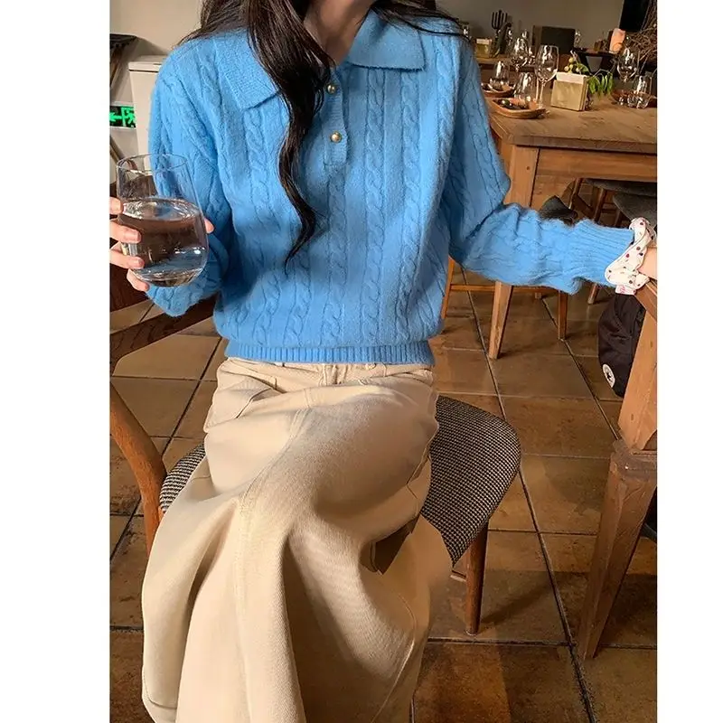 Pullover Sweater Polo Collar Button Twist Design Short Niche Fashion Slim Sweater For Women 2024 New Versatile Sweet Sweater