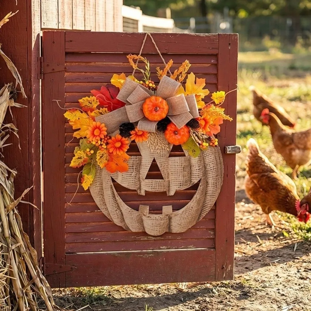Rustic Halloween Wooden Pumpkin Door Hanger Thick Board with Bow Harvest Maple Leaf Hanging Plaque Vintage Anti-Deformation