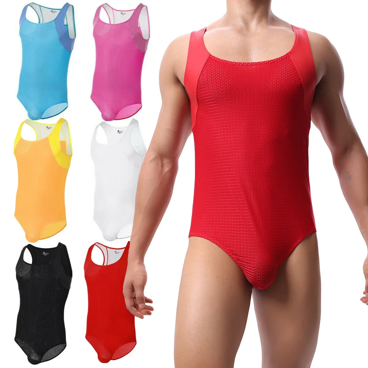 Mens Sexy One-Piece Undershirts Rompers Mesh Breathable Bodysuit Fitness Leotard Sport Wrestling Singlet Male Jumpsuit Swimwear
