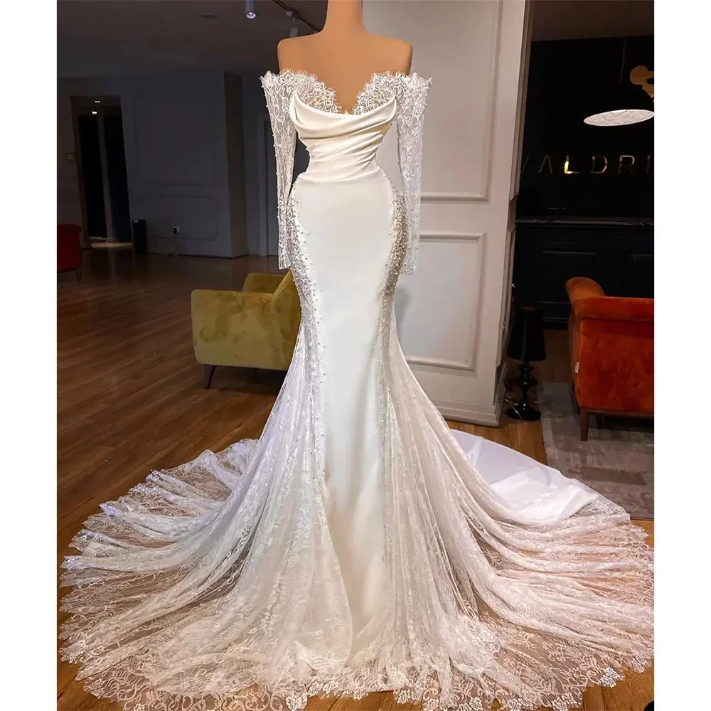 

Exquisite Lace Appliques Wedding Dress Elegant Sweetheart Strapless Pearls Mermaid Gowns Gorgeous Luxury Sweep Train Bride Dress