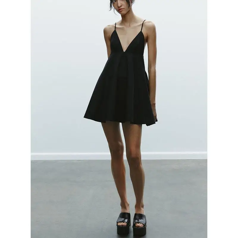 Primavera nueva mujer Hepburn Little Bla Dr vestido de noche Correa V-ne ort Dr cintura alta No Sve fibra de poliéster