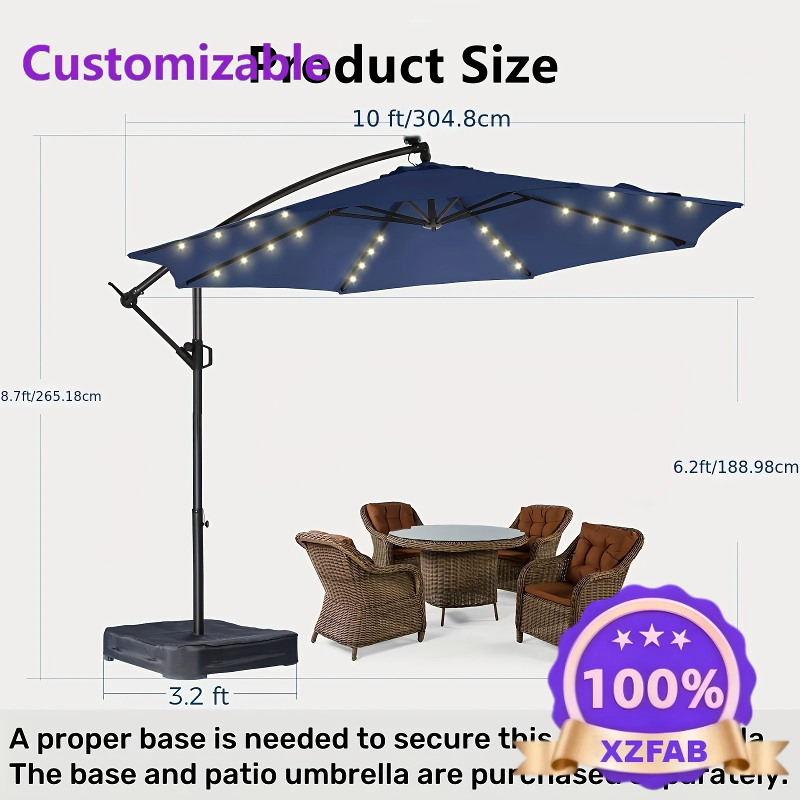 Factory Direct 2026 10-Foot Solar-Powered Offset Patio Umbrella, Outdoor Market Umbrella with a Hand-Crank, UPF50 UV Protection
