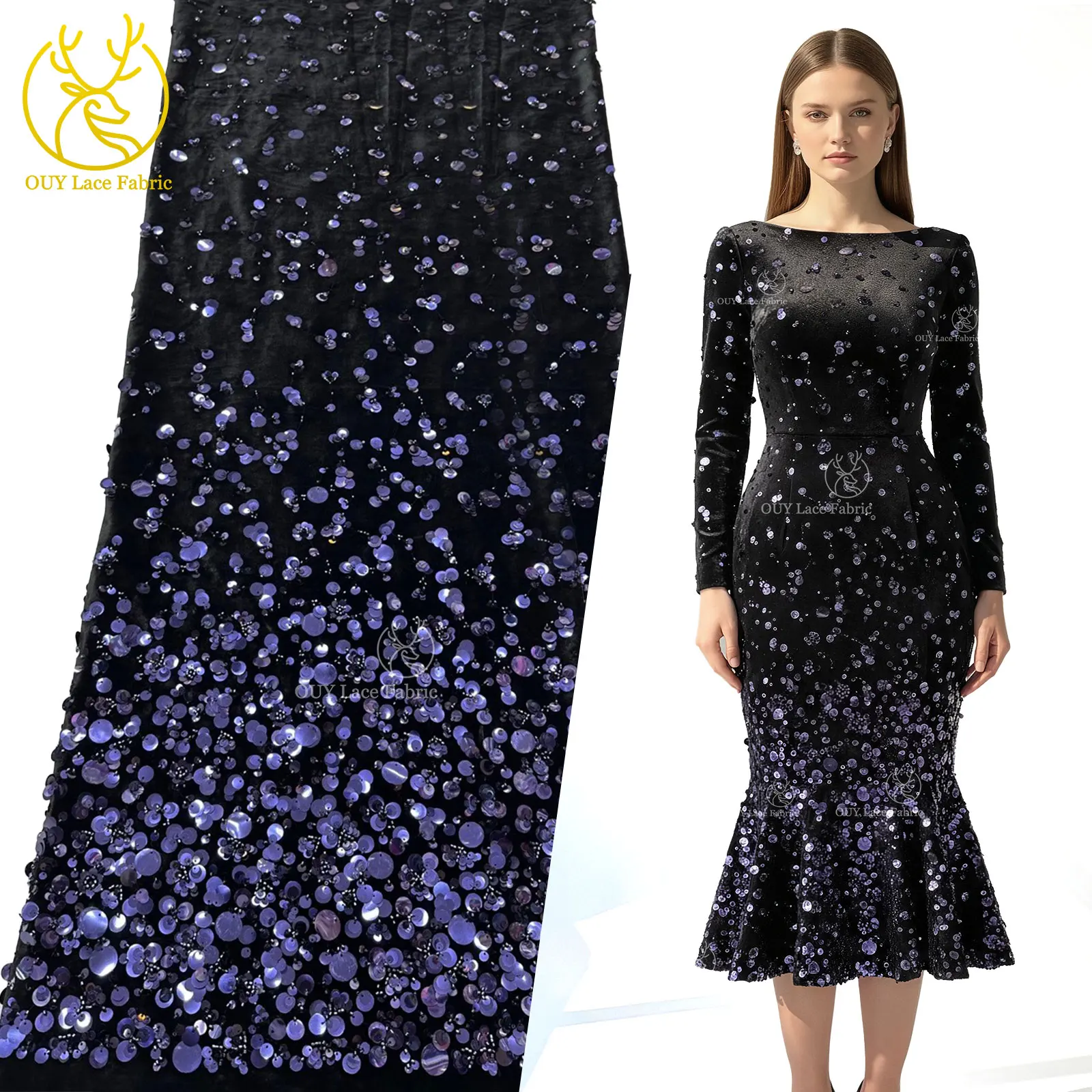 

Luxurious Black-Purple French Evening Gown Stretch Velvet Lace Fabric 2026 African Sequined Lace Fabric Ideal for Party Dresses