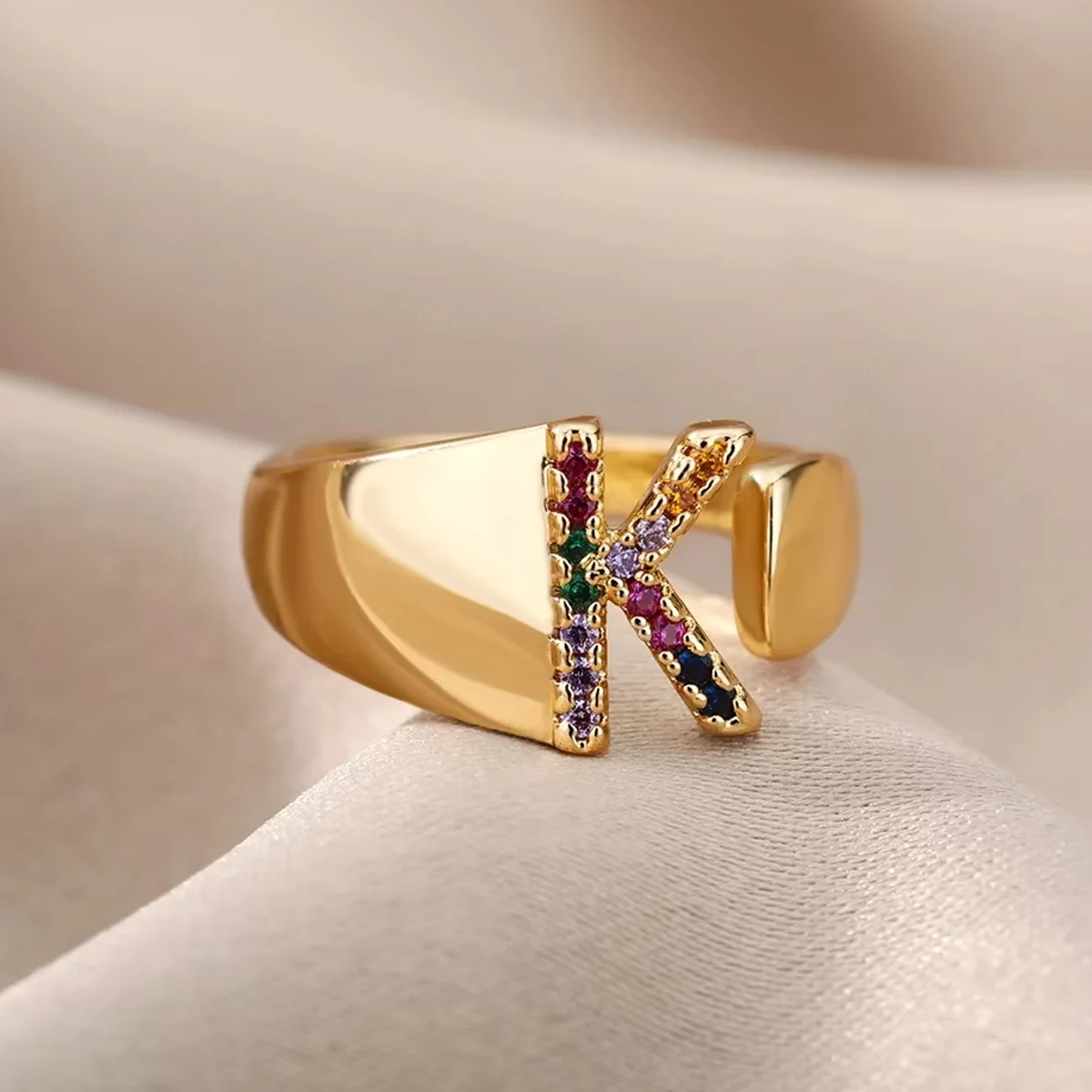 Multi Color Crystal Initial Letter Open Rings For Women Colorful Rhinestone Gold Plating Metal Finger Ring Fashion Jewelry Gift image 4