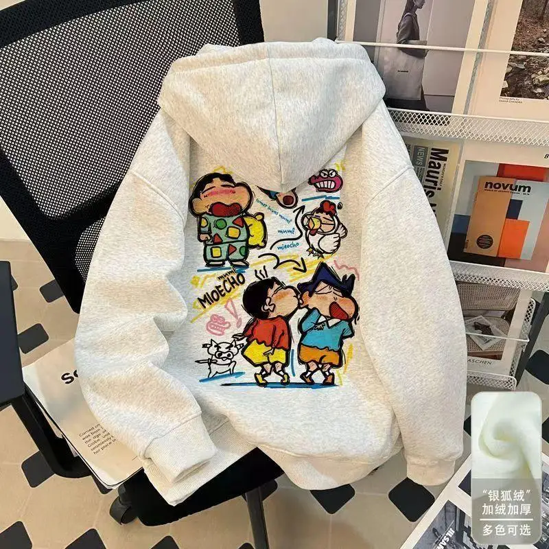 Crayon Shin-Chan Letter Printed Hoodie Autumn Winter Women Loose Casual Couple Hooded Sweatshirt Student Tops Jacket Thick Warm