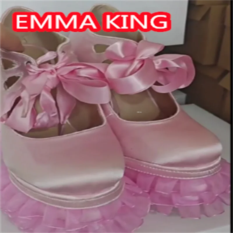 Pink Square Toe Lace Flowers Platform Sweety Girls Dancing SAndals 2025 Shallow Silk Lace Up Size 47 Sexy Runway Shoes Heels image 4
