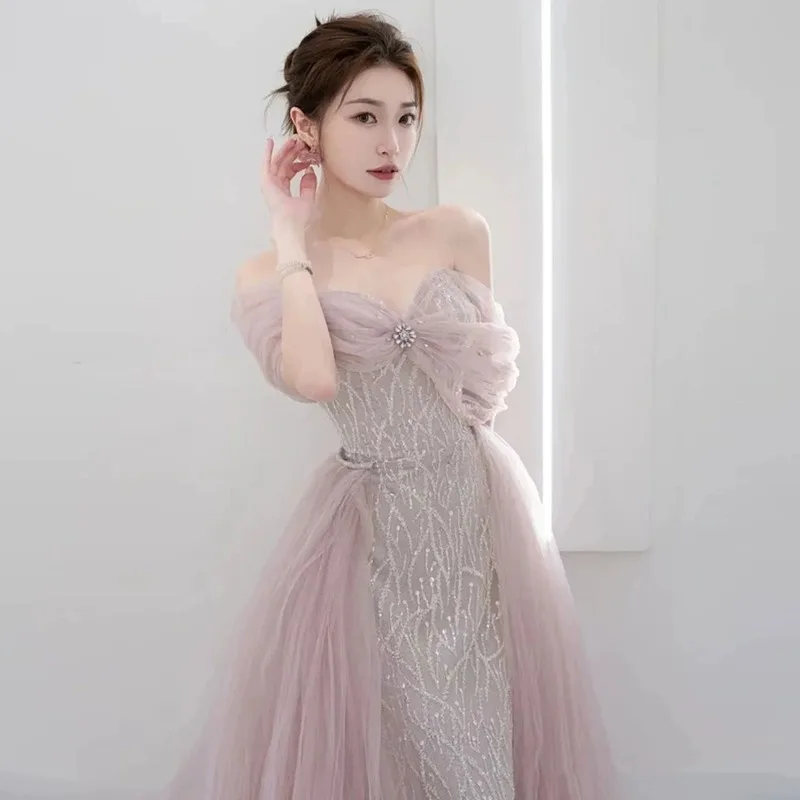 Sweet Bow Design Evening Dress Women's Off Shoulder Puff Sagging Fold Floor Length Prom Gown Light Lluxury Quinceanera Vestido