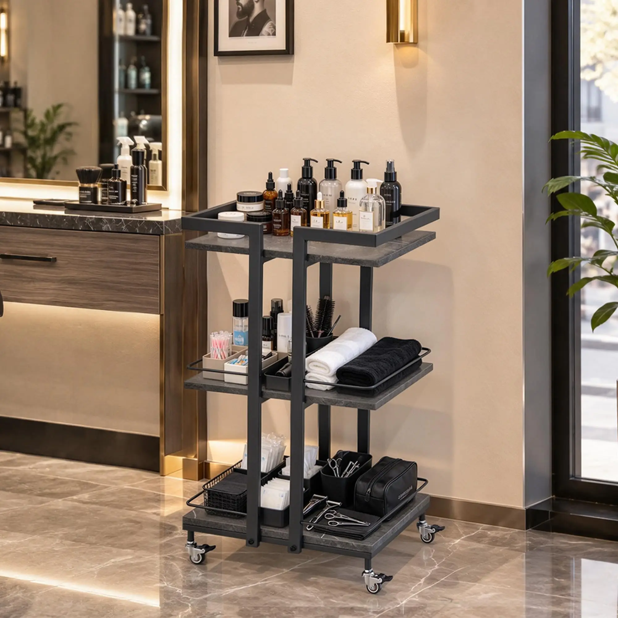 3-Tier Metal Rolling Salon Trolley Cart on Wheels, Grey 2033