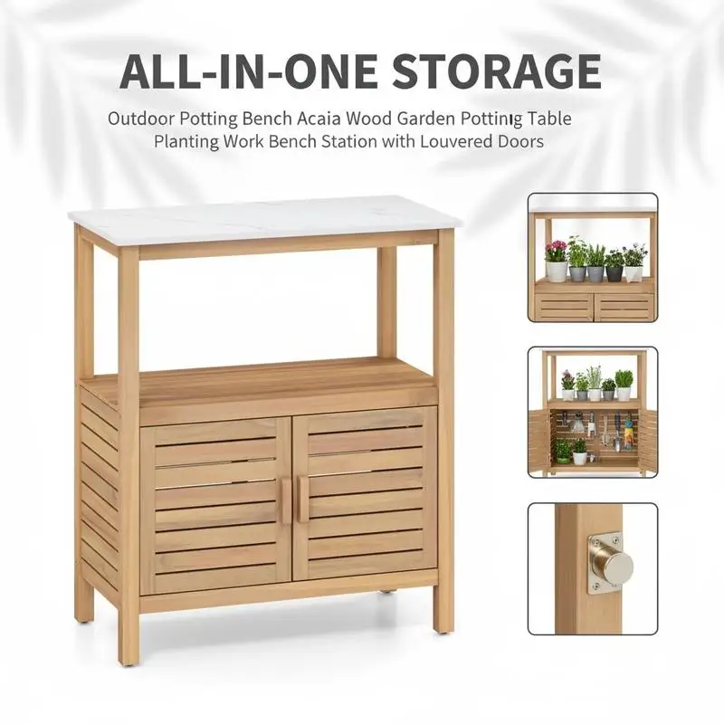 Outdoor Potting Bench Acacia Wood Garden Potting Table Planting Work Bench Station with Louvered Doors - view 2