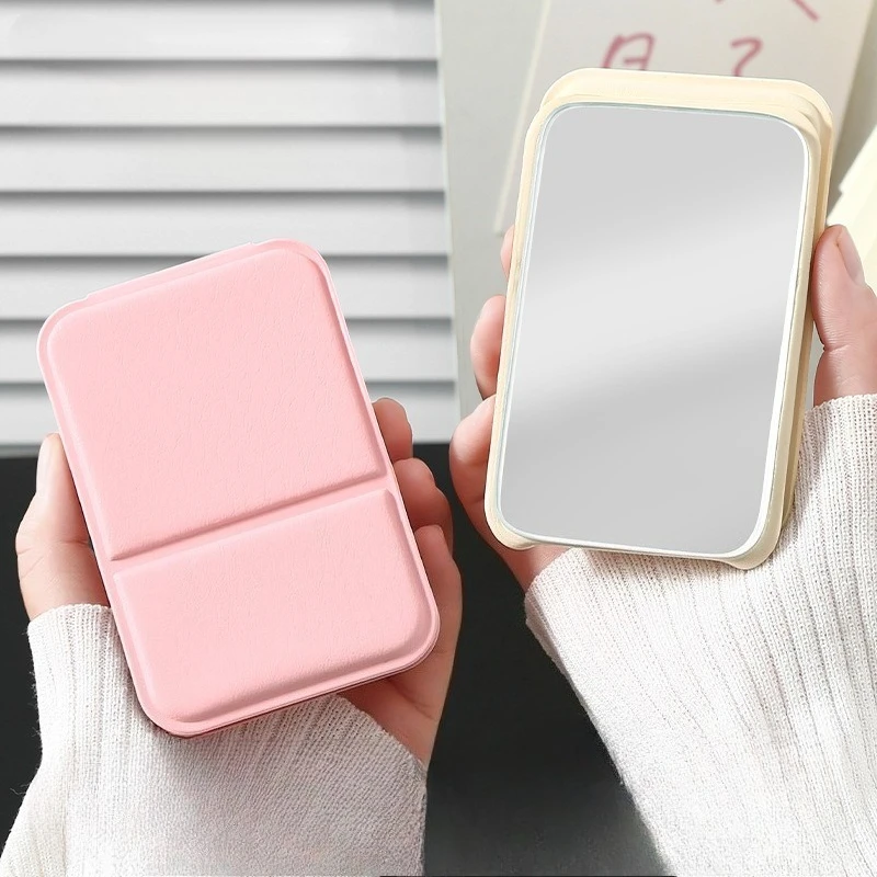 مرآة مكياج صغيرة لسطح المكتب بلون سادة من جلد البولي يوريثان، مرايا مكياج محمولة باليد قابلة للطي، مرآة جيب لطيفة مدمجة للطلاب