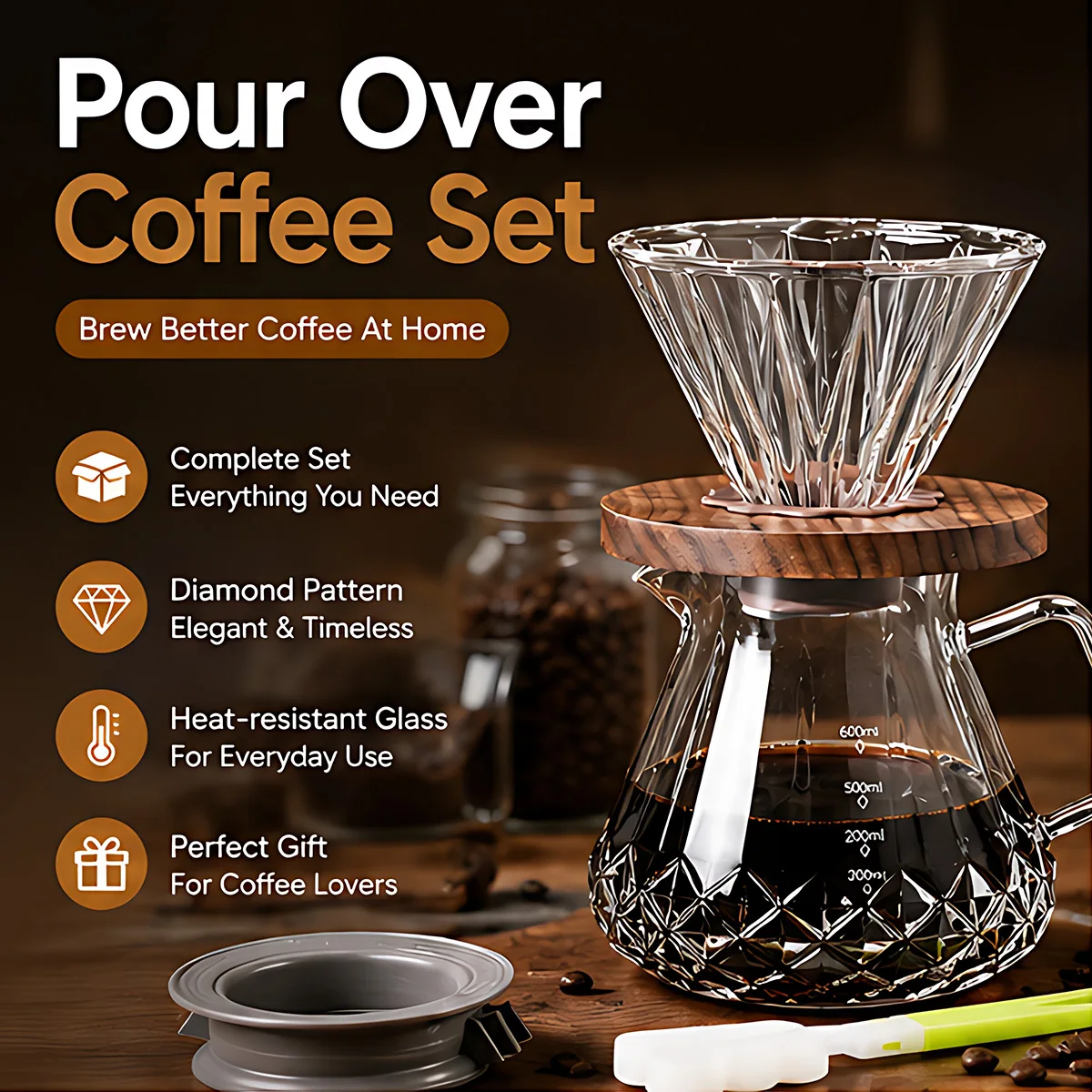 13.5oz/20oz Pour Over Coffee Maker Set, Drip Coffee Maker with Coffee Cleaning Brush for Home, Cafe, Restaurant or Camping