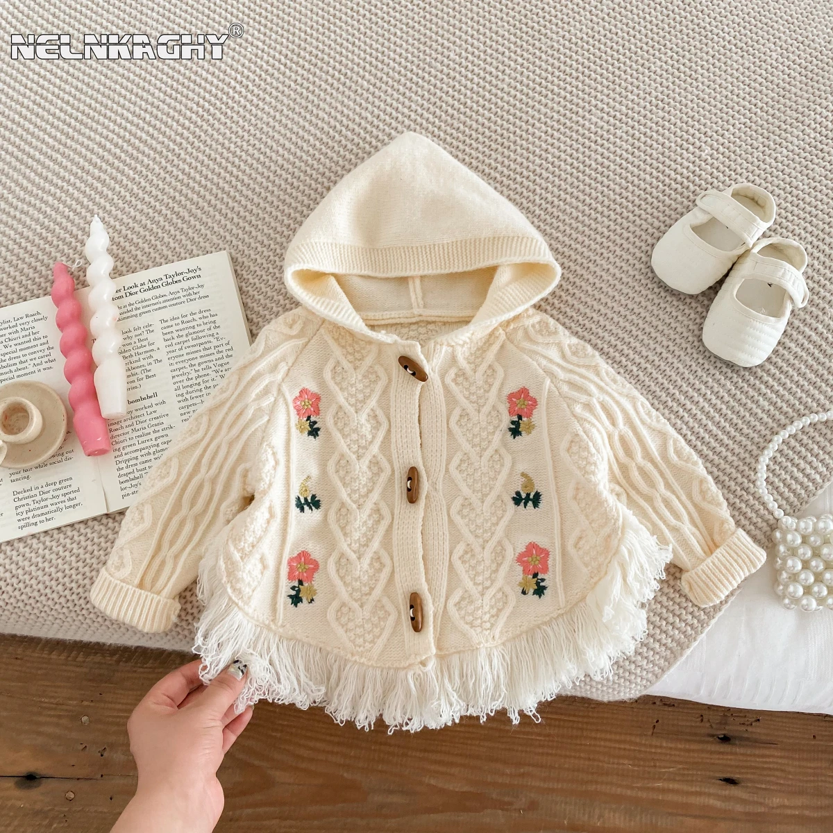 2023 Autumn Kids Baby Girls Cute Embroidery Flower Tassel Top Coat - Children Knitted Hooded Horn Button Outwear Jacket 1-7Y