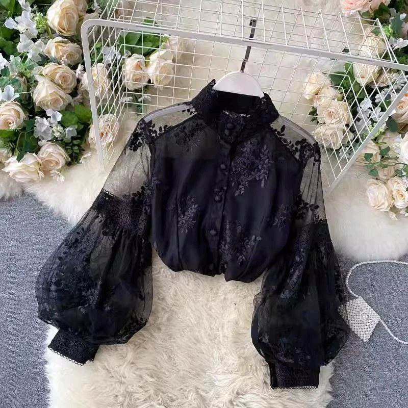 French Vintage Mesh Lace Blouse Women Elegant Puff Sleeve Sheer Casual Shirt Stand Collar Sweet White Spring Summer Jacquard Top view 3
