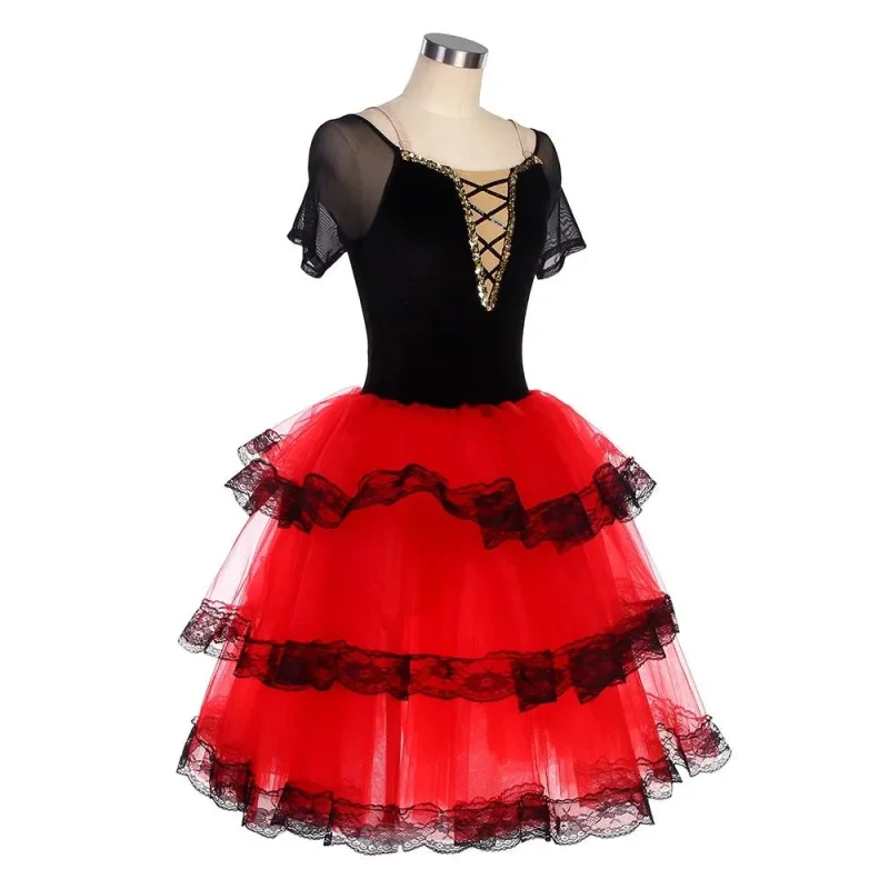 Abito da balletto Tutu da balletto professionale lungo da donna per ragazze Bambini Costumi da ballerina rossa Abito da ballo spagnolo per donne adulte