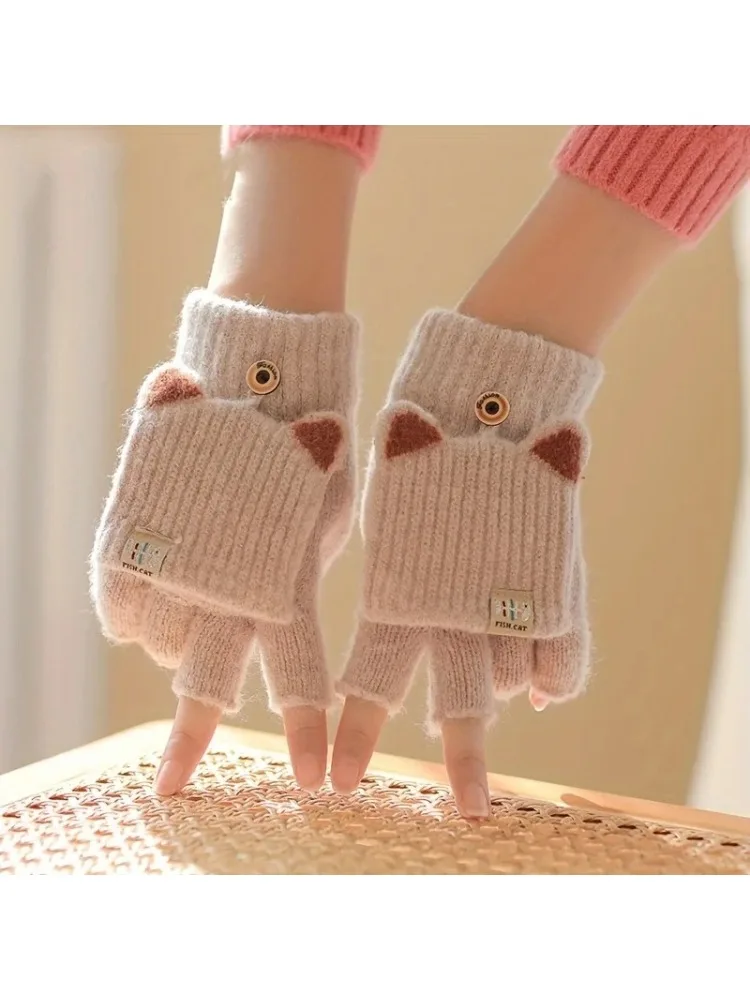 AliExpress NONE Winter Women Knitted Gloves Thick Woolen Female Mittens Cute Flip Fingerless Exposed Finger Girl Gloves for Cycling Hand Warmer