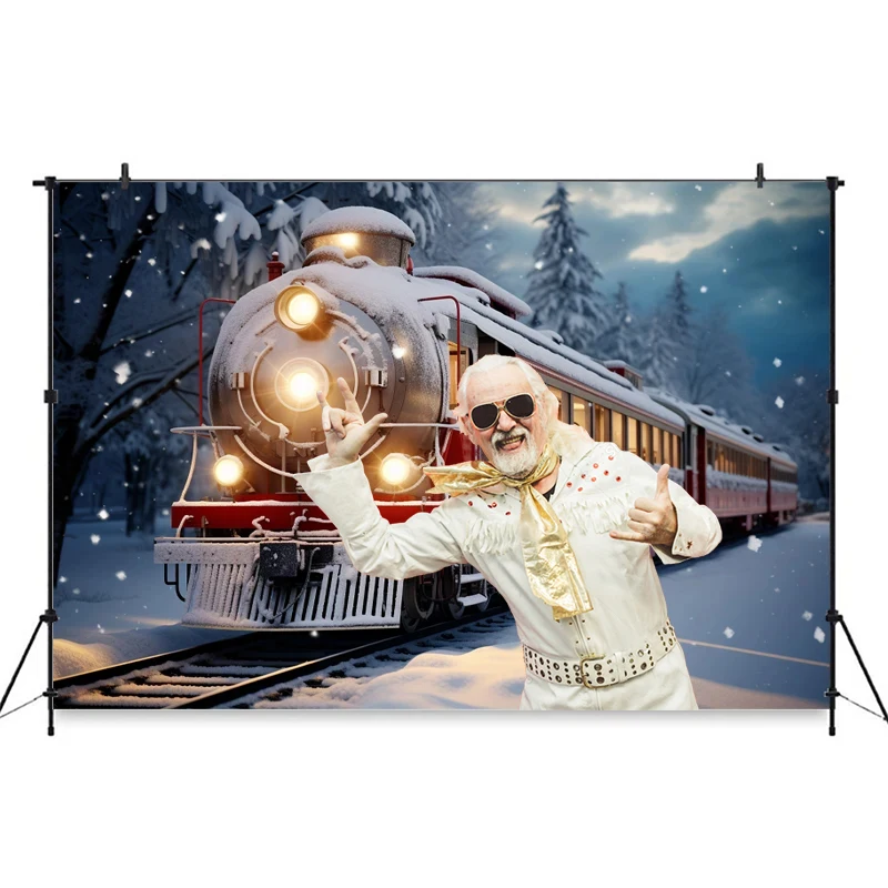 Merry Christmas Train Backdrop Photography Winter Snow New Year Props Girls Kids Children Photo Background Decor Outdoor Studio