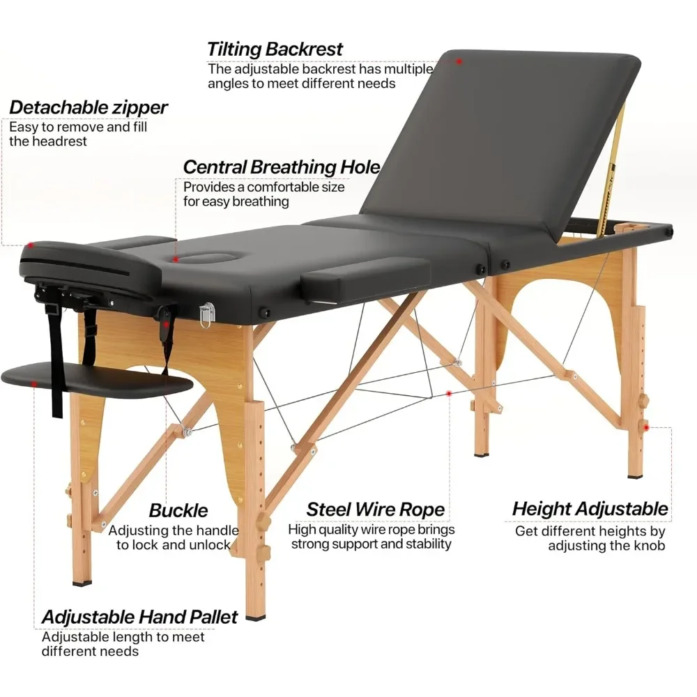 Massage Table Massage Bed, Portable 3 Section Foldable Tattoo Bed, Height Adjustable Lash Spa Bed with Face Cradle