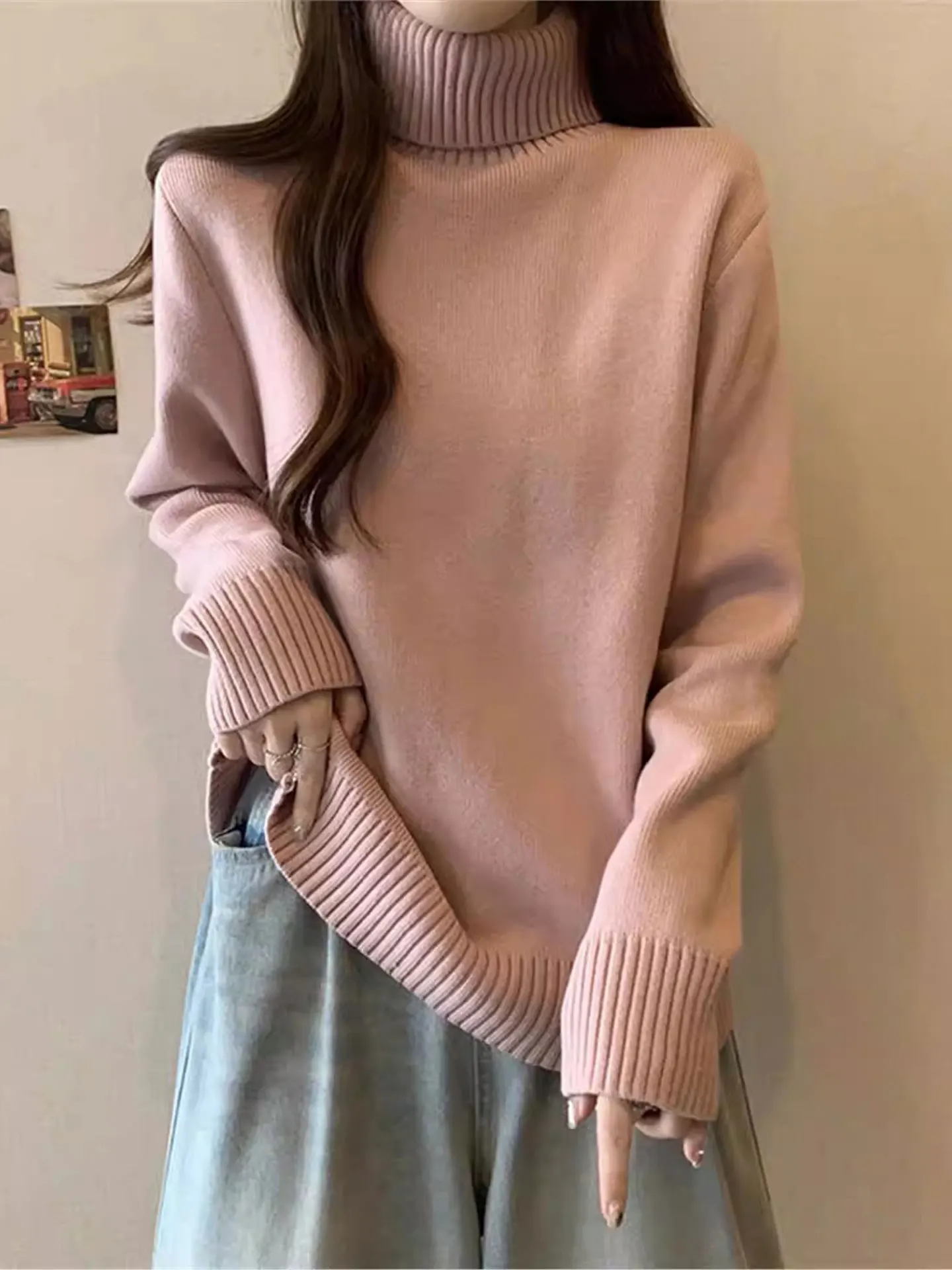 

Loose Long Sve High Collar Knitted Base irt Women Winter Faion plus Size Comfortable Loose Tummy Covering Knit Sweater
