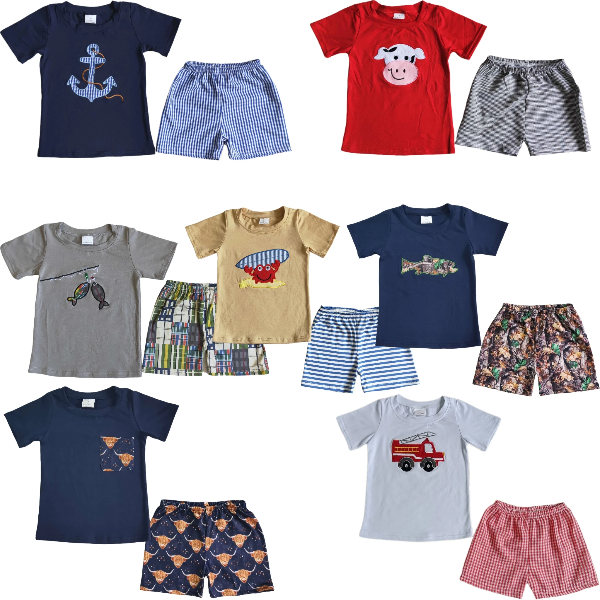 Wholesale Baby Boy Embroidery Clothing Short Sleeves Cotton T-shirt Plaid Shorts Children Kids Sets Outfit