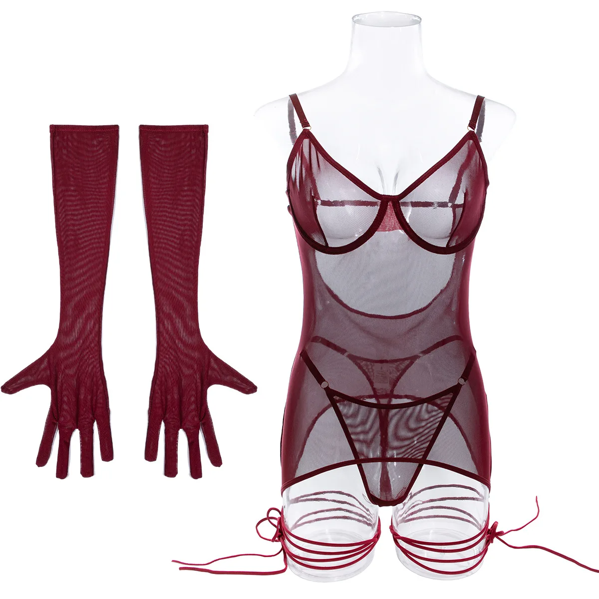 Sexy Solid Mesh Open Back Perspective Bodysuit With Rope Gloves Three Piece Set For Women See Though Fun Lingerie Intimates Suit