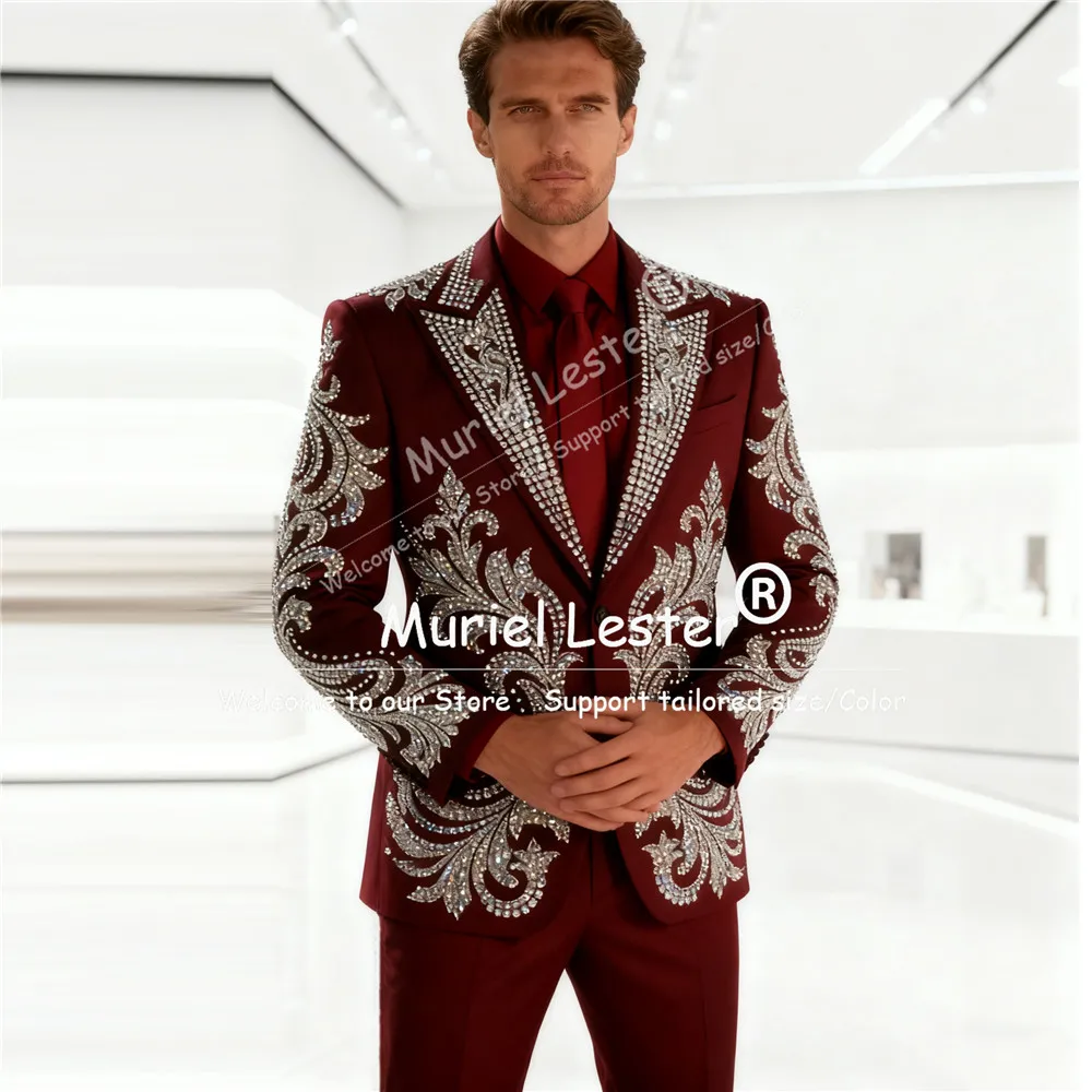 

Luxury Sliver Beaded Stones Suits Men For Wedding 2 Pieces Sets Singlbe Breasted Jacket Pants Customized Groom Banquet Tuxedos