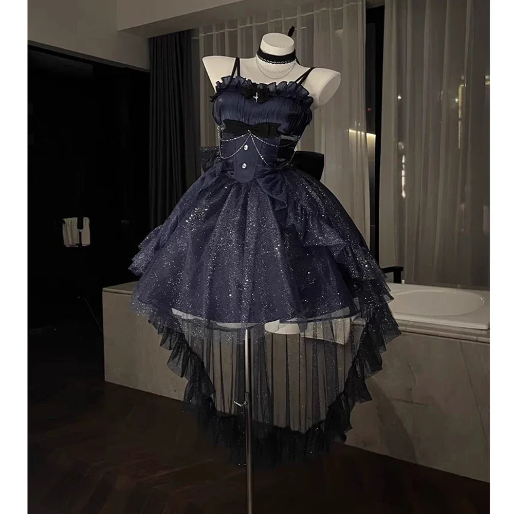 Donne Kawaii Ruffles Bow Bretelle Abiti da principessa Vittoriano Gotico Lolita Jsk Mini abito Ragazza Dolce Fata Party Trailing Dress