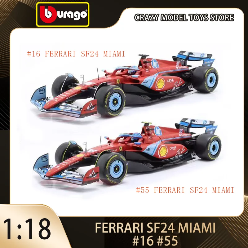 

Bburago 1:18 2024 Ferrari SF24 Miami F1 Formula Car Charles Leclerc No.16 Carlos Sainz No.55 Alloy Diecast Model Collectible Toy