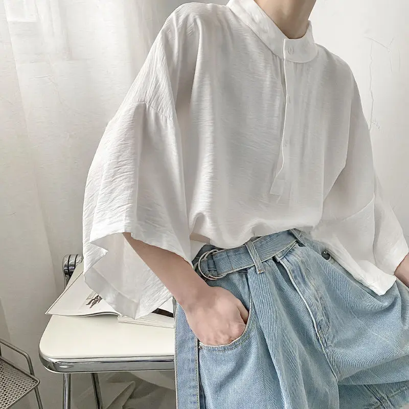 

Summer Thin Japanese Stand-up Collar Short-sleeved Shirt Men Niche Loose T-shirt Bat-sleeved Top