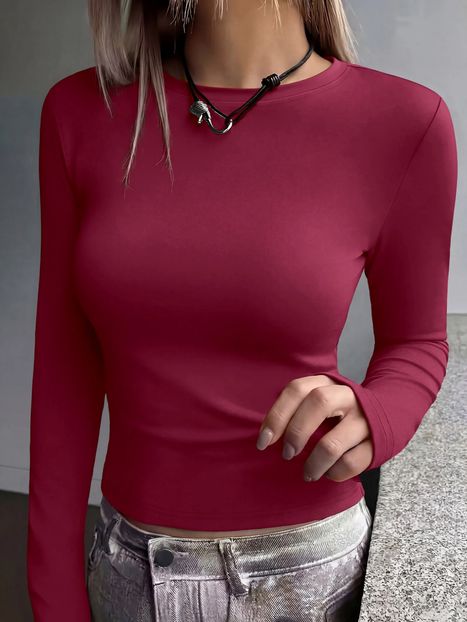 Women Crew Neck Cropped Long Sleeve T-shirt Skin-friendly Solid Slim Stretch Tee Y2K Spicy Girl Street Fall Daily Casual Tops