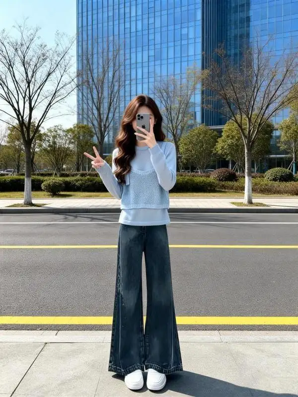 

Весенний корейский комплект: мягкий вязаный свитер и джинсы с широкими штанинами, повседневный модный ансамбль с высокой талией и длинными рукавами