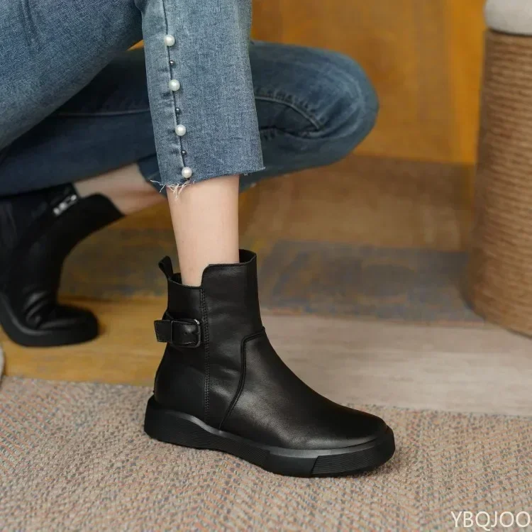 

2022 New Retro Boots for Women Autumn Winter Women's Shoes Leather Casual Flat Ankle Boots Female Platform Short Boots